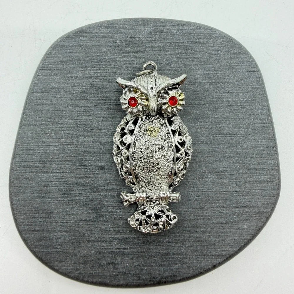 Silver Tone Red Rhinestone Eye Owl Pendant Gothic Halloween Statement Jewelry